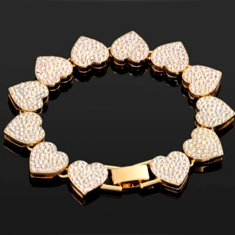 Pave Iced CZ Crystal Gold Heart Links Bracelet Rhinestone Hearts Unisex Women